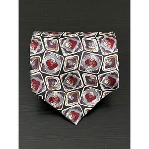 Carlos Tomasini Mens Geometric Medallion Tie Burgundy Grey Black Wide Silk Blend